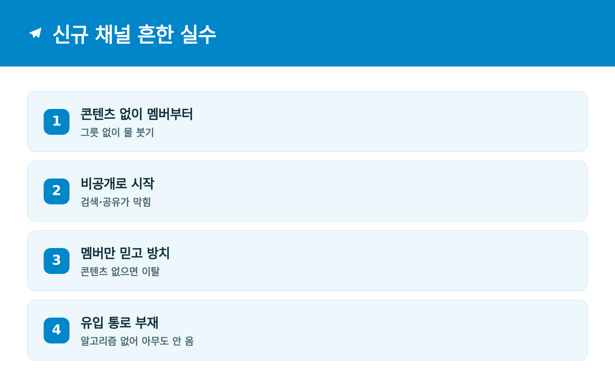 신규 채널 흔한 실수: 콘텐츠 없이 멤버부터, 비공개 시작, 콘텐츠 방치, 유입 통로 부재